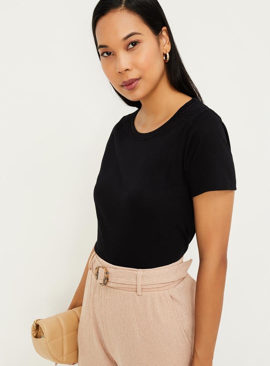Women Solid Smocked Shoulder T-shirt