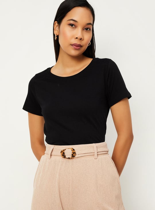 Women Solid Smocked Shoulder T-shirt
