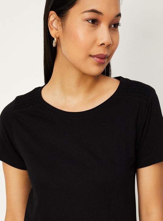 Women Solid Smocked Shoulder T-shirt