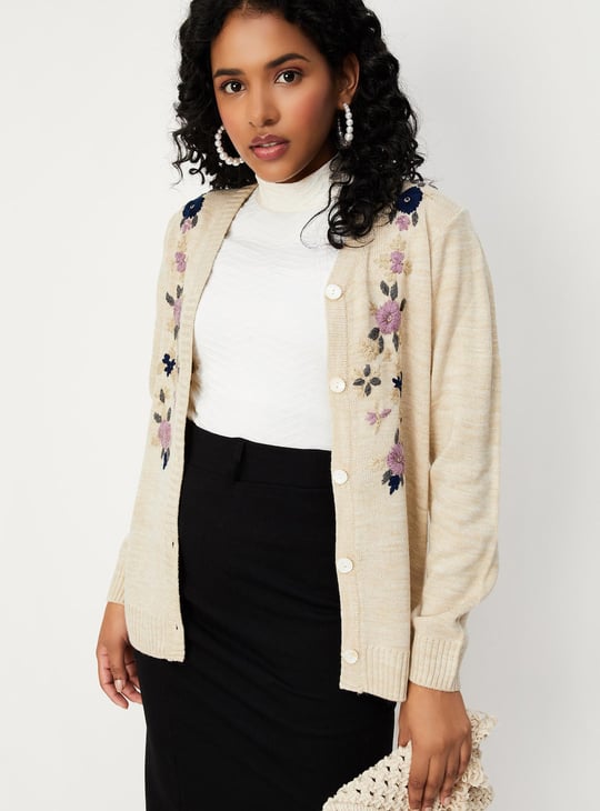 Women Floral Embroidered Knit Cardigan