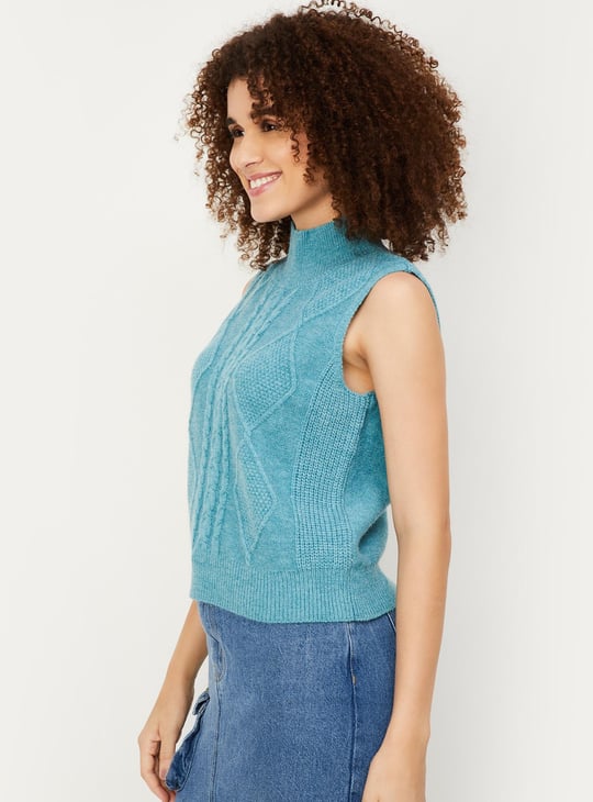Women Cable Knit Sleeveless Sweater Blue Sweater