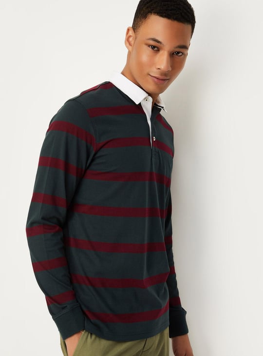 Men Striped Full Sleeve Polo T-shirt Striped