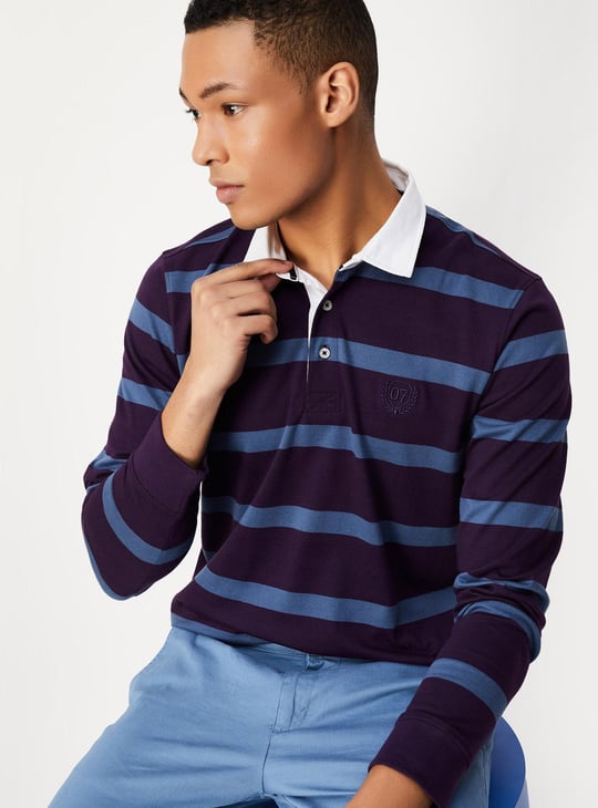 Men Striped Full Sleeve Polo T-shirt