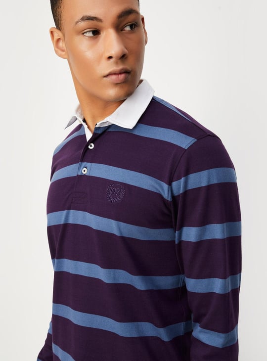Men Striped Full Sleeve Polo T-shirt