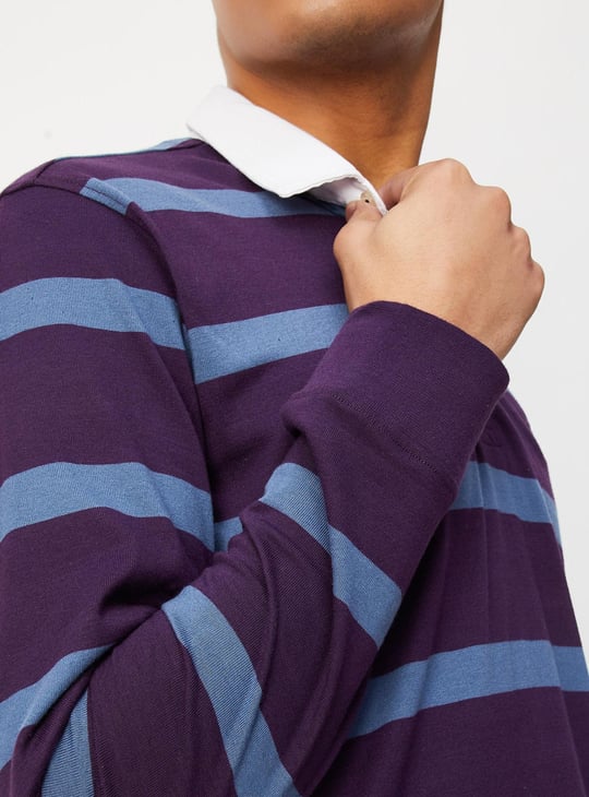 Men Striped Full Sleeve Polo T-shirt