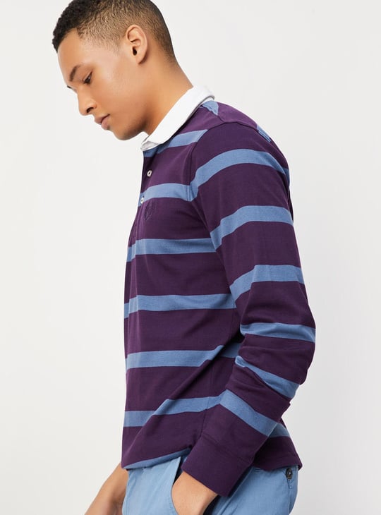 Men Striped Full Sleeve Polo T-shirt