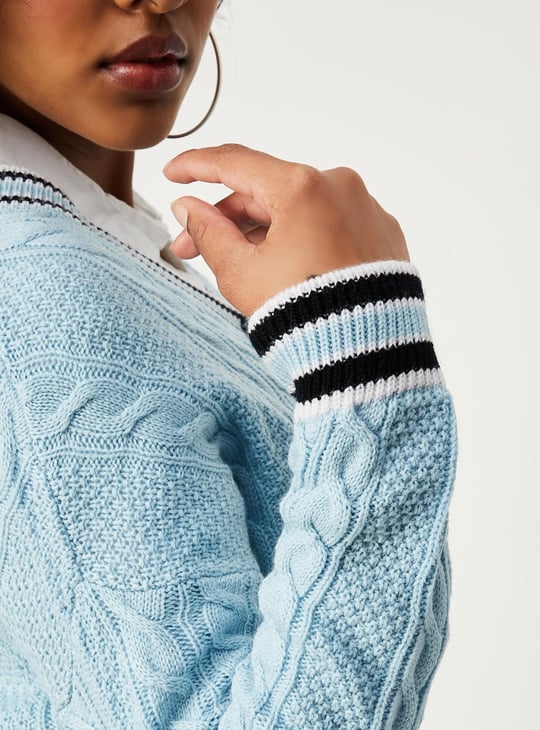 Women Cable Knit Varsity Crop Cardigan