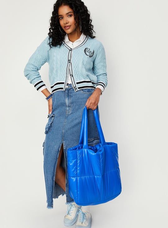 Women Cable Knit Varsity Crop Cardigan
