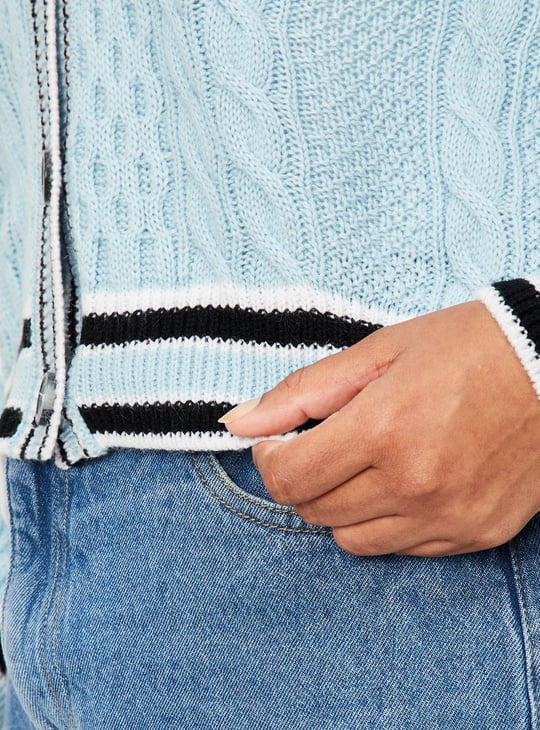 Women Cable Knit Varsity Crop Cardigan