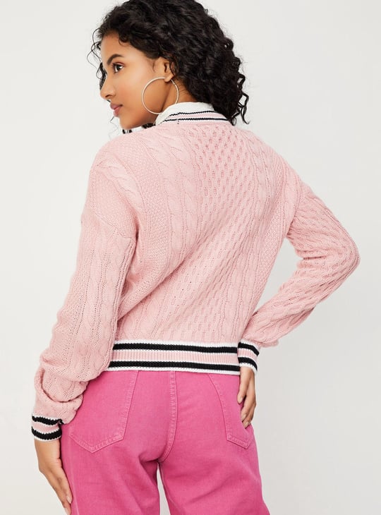 Women Cable Knit Varsity Crop Cardigan