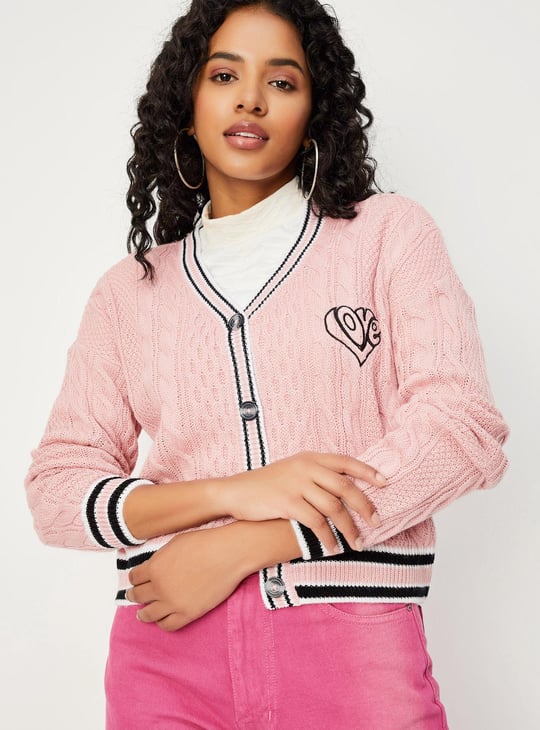 Women Cable Knit Varsity Crop Cardigan