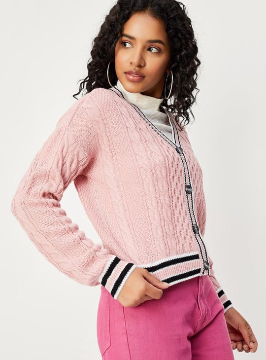 Women Cable Knit Varsity Crop Cardigan