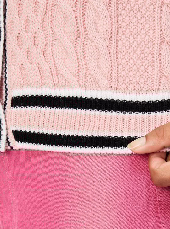 Women Cable Knit Varsity Crop Cardigan