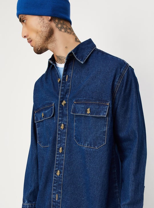 Men Oversized Double Pocket Denim Shirt
