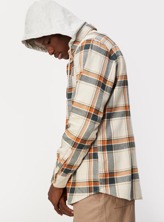 Men Checked Hooded Shirt