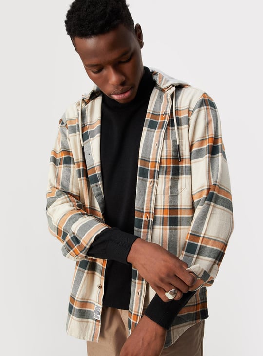 Men Checked Hooded Shirt