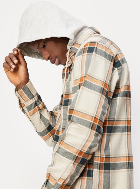 Men Checked Hooded Shirt