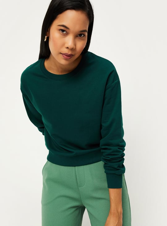 Women Solid Drop Shoulder Sweatshirt Green Solid