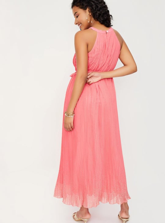 Women Foil Print Pleated Maxi Dress