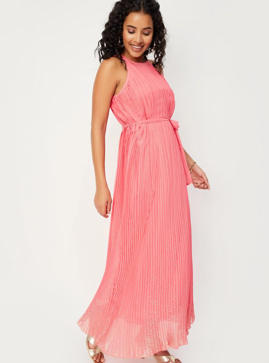 Women Foil Print Pleated Maxi Dress