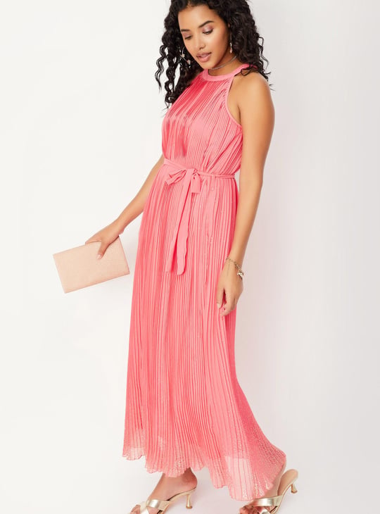 Women Foil Print Pleated Maxi Dress