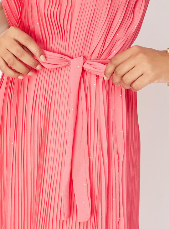 Women Foil Print Pleated Maxi Dress