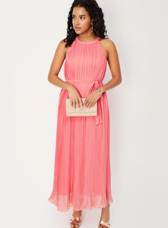 Women Foil Print Pleated Maxi Dress
