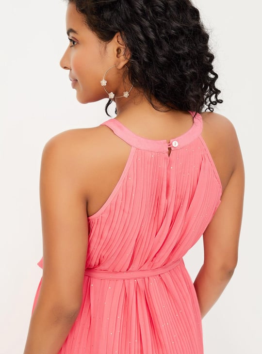 Women Foil Print Pleated Maxi Dress