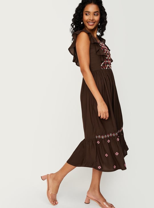 Women Embroidered Yoke Midi Dress | Embroidered