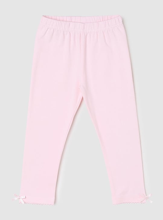 Girls Solid 3/4th Leggings with Bow Tie Hem