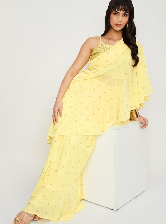 Women Embellished Pre-Stitched Saree and Blouse Set