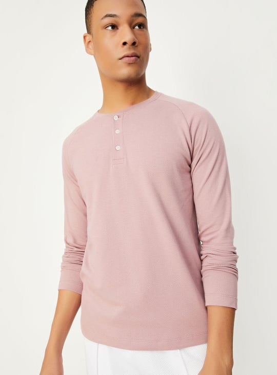 Men Textured Henley Neck T-shirt | Pink | Textured
