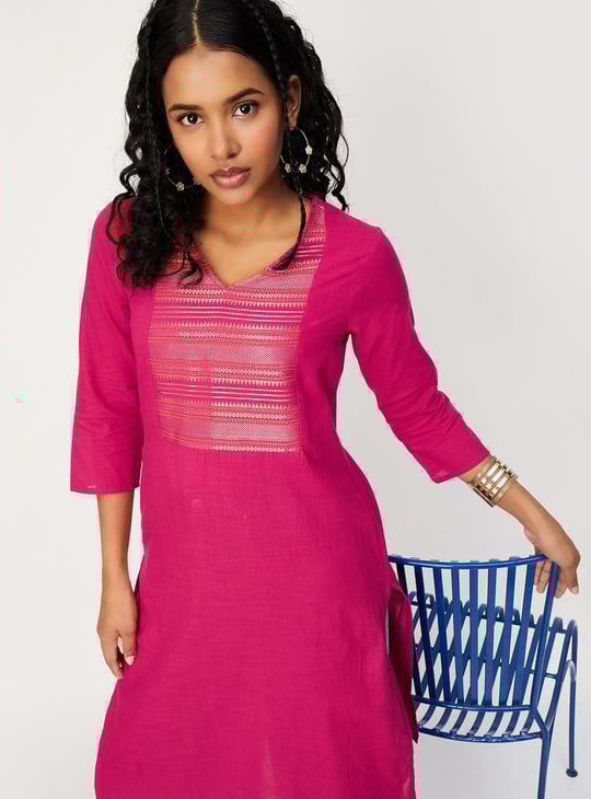 Women Woven Design Yoke Straight Kurta