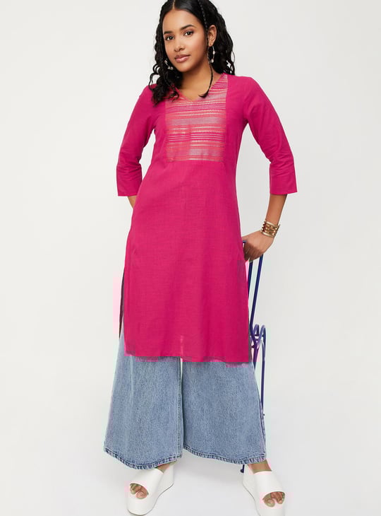 Women Woven Design Yoke Straight Kurta