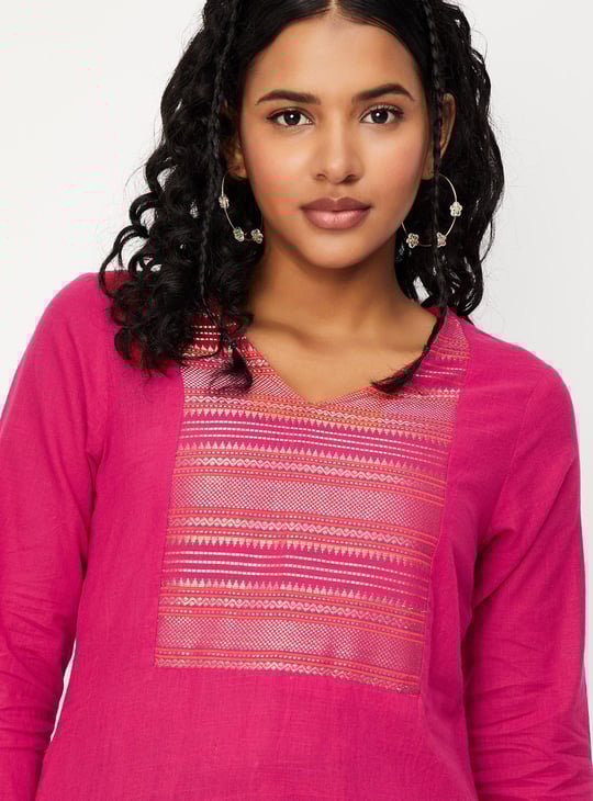 Women Woven Design Yoke Straight Kurta