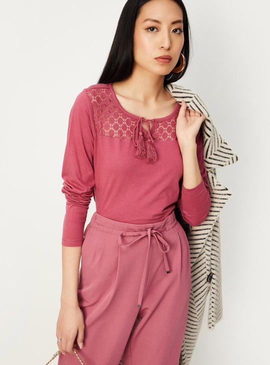 Women Crochet Yoke Tie-Up Top