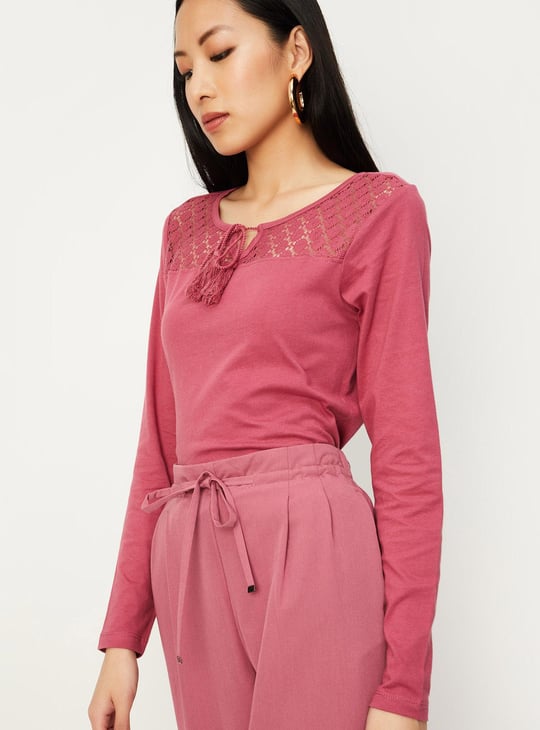 Women Crochet Yoke Tie-Up Top