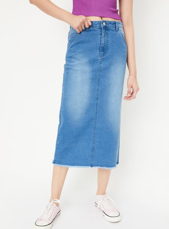 Women Washed Denim Midi Skirt