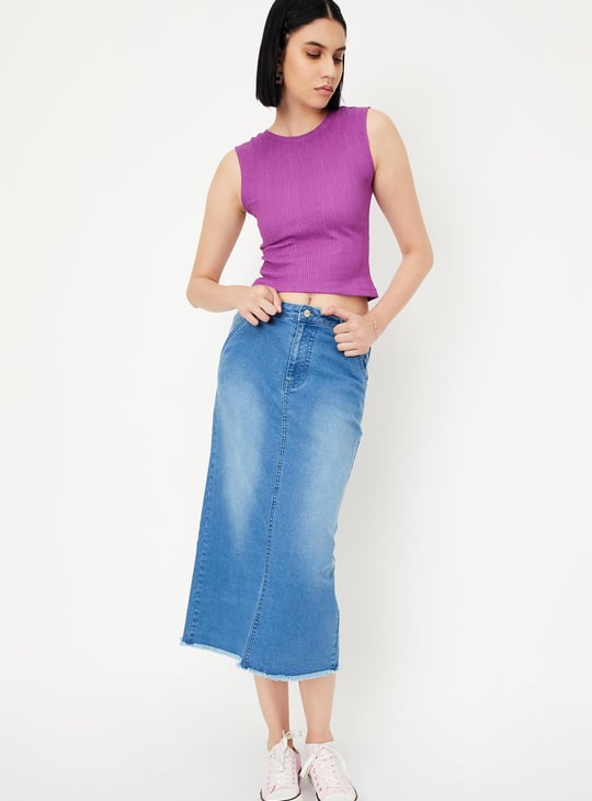 Women Washed Denim Midi Skirt