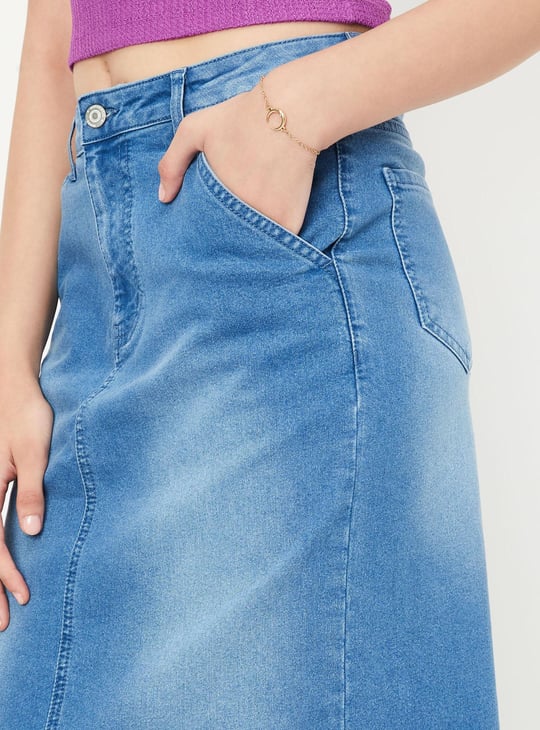 Women Washed Denim Midi Skirt