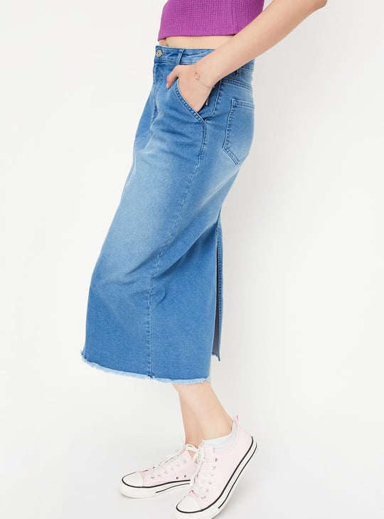 Women Washed Denim Midi Skirt