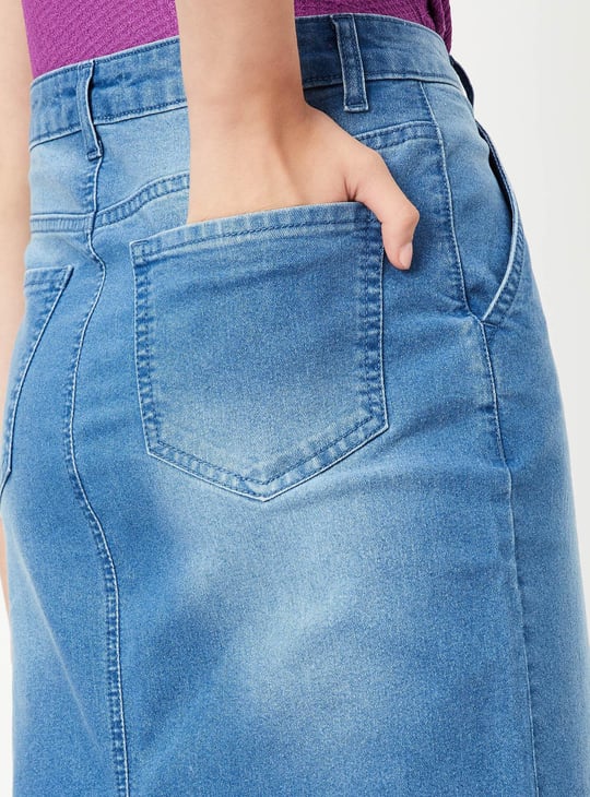 Women Washed Denim Midi Skirt