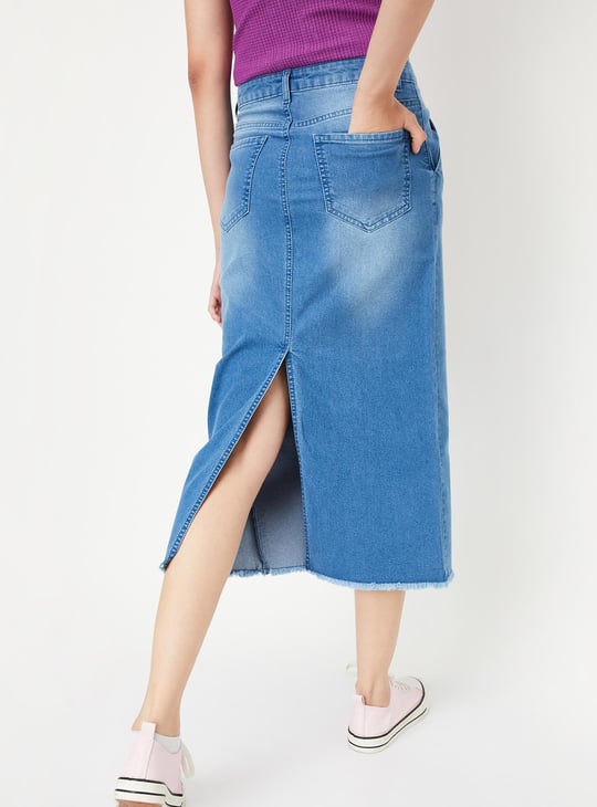 Women Washed Denim Midi Skirt
