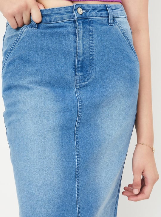 Women Washed Denim Midi Skirt