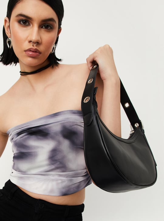 Women Solid Crescent Bag with Grommet Strap