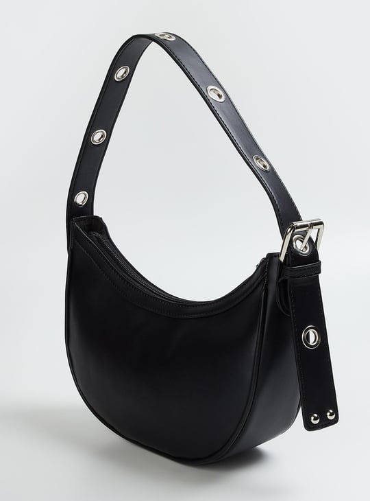 Women Solid Crescent Bag with Grommet Strap