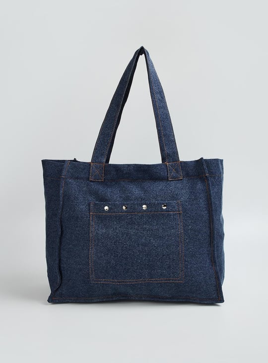 Women Denim Shopper Bag with Grommets