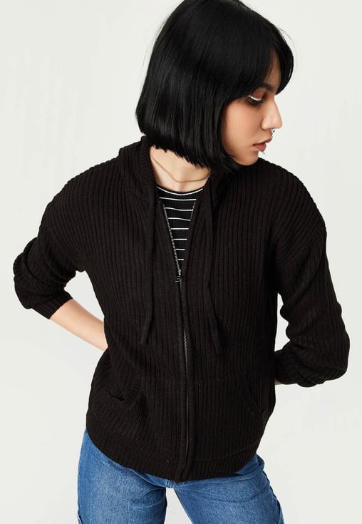 Buy Women Ribbed Hooded Sweater Online at just Rs. 1199.0