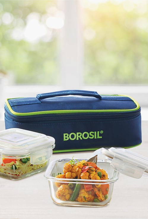 BOROSIL Klip And Store Square Tiffin Box with Bag - Set of 2 - 320ml