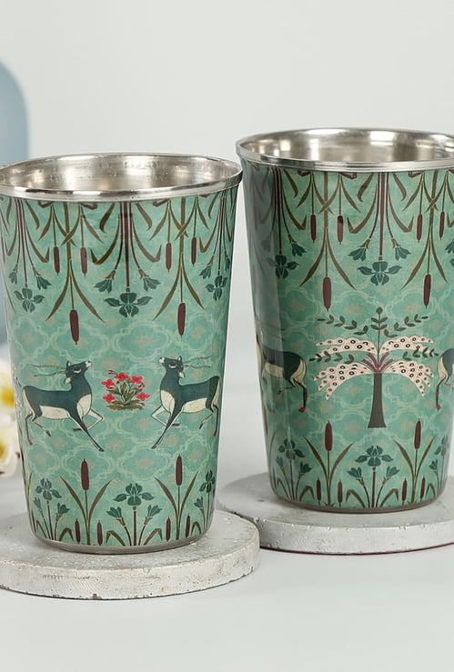 INDIA CIRCUS Mirroring Deer Garden Printed Steel Tumbler- Set of 2